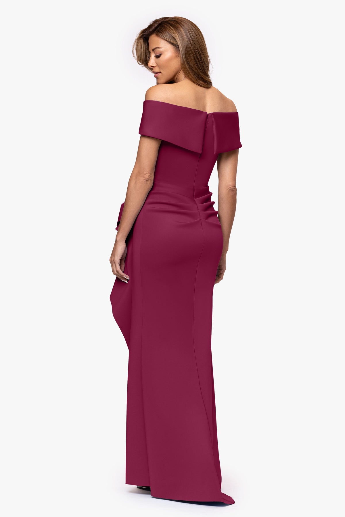 XSCAPE "Patti" Long Off the Shoulder Techno Scuba Dress