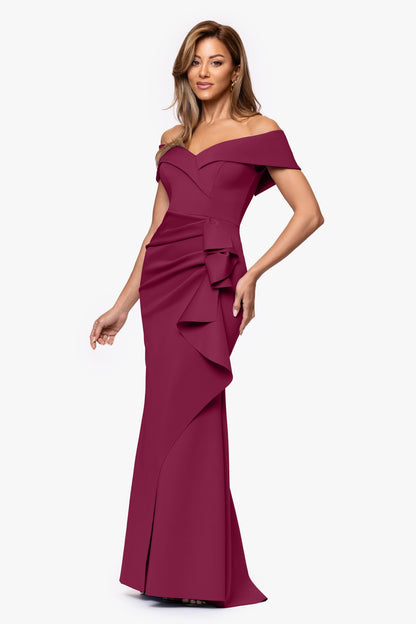 XSCAPE "Patti" Long Off the Shoulder Techno Scuba Dress