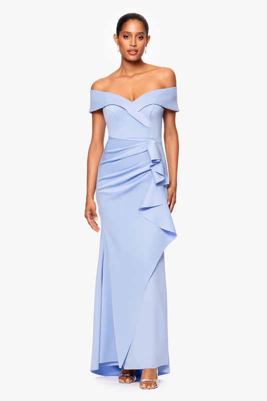 XSCAPE "Patti" Techno Scuba Off The Shoulder Dress