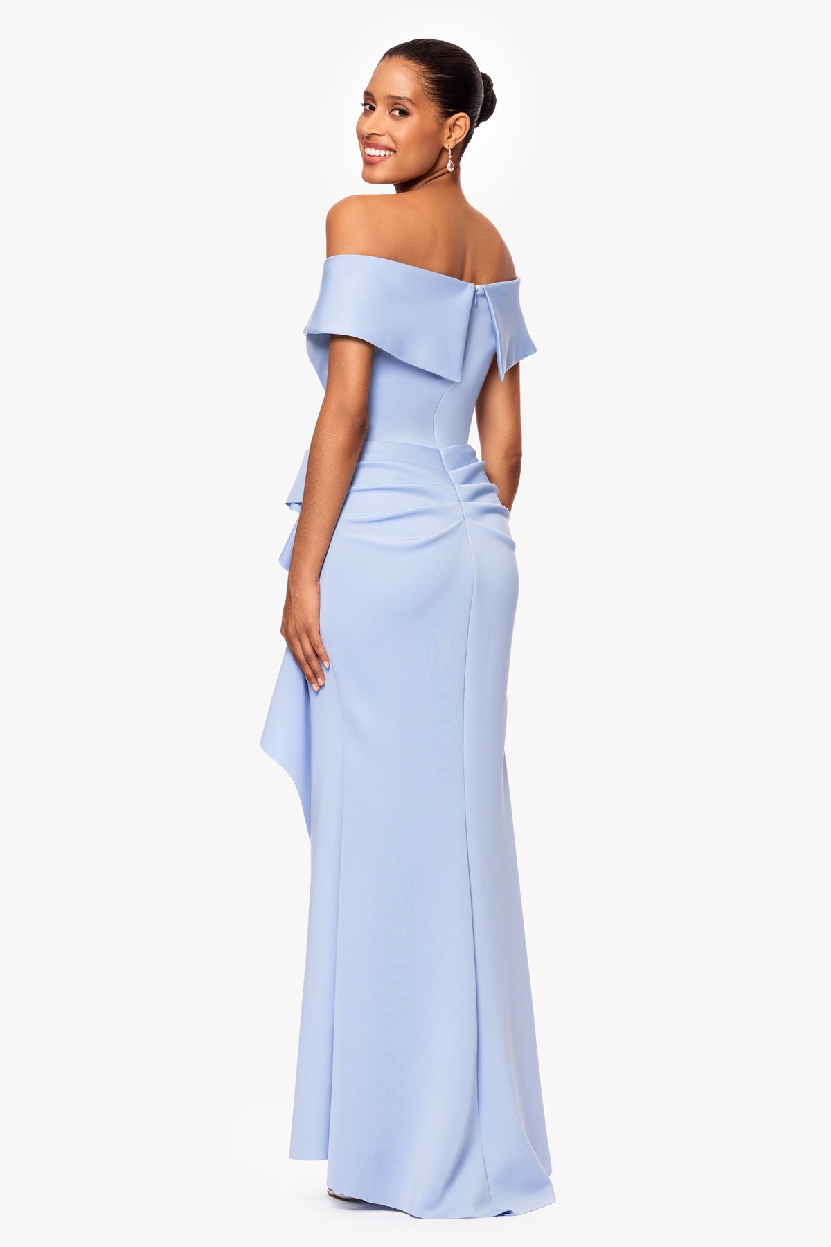 XSCAPE "Patti" Techno Scuba Off The Shoulder Dress
