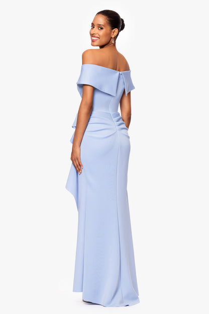 XSCAPE "Patti" Techno Scuba Off The Shoulder Dress