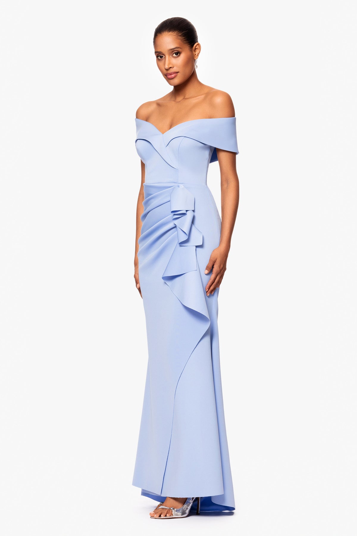 XSCAPE "Patti" Techno Scuba Off The Shoulder Dress