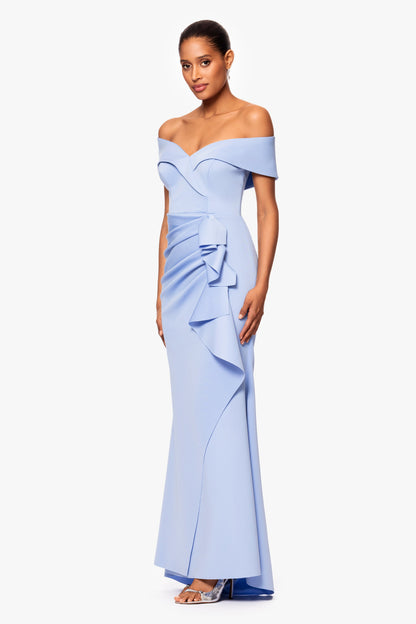 XSCAPE "Patti" Techno Scuba Off The Shoulder Dress