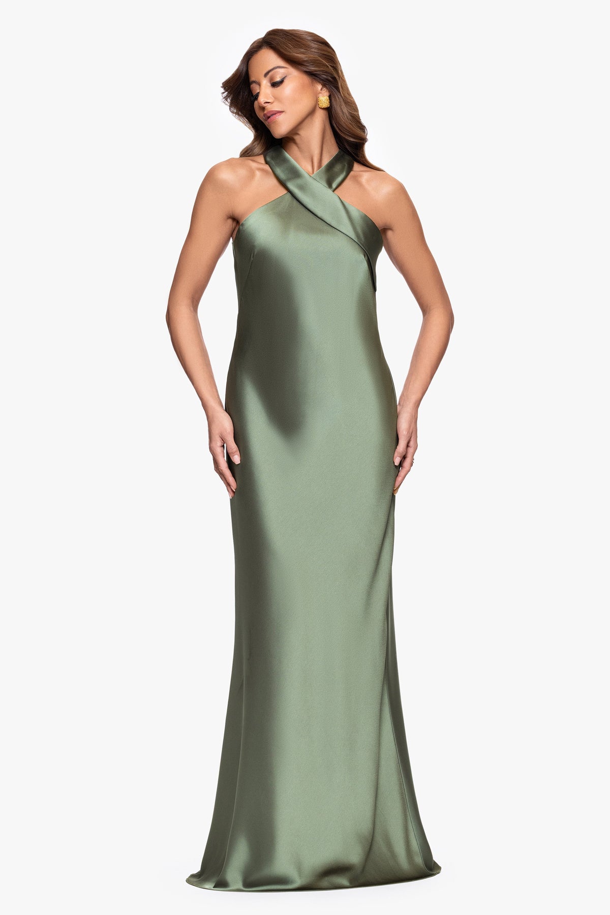 XSCAPE "Francesca" Satin Halter Tie Neck Dress