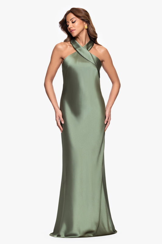 XSCAPE "Francesca" Satin Halter Tie Neck Dress