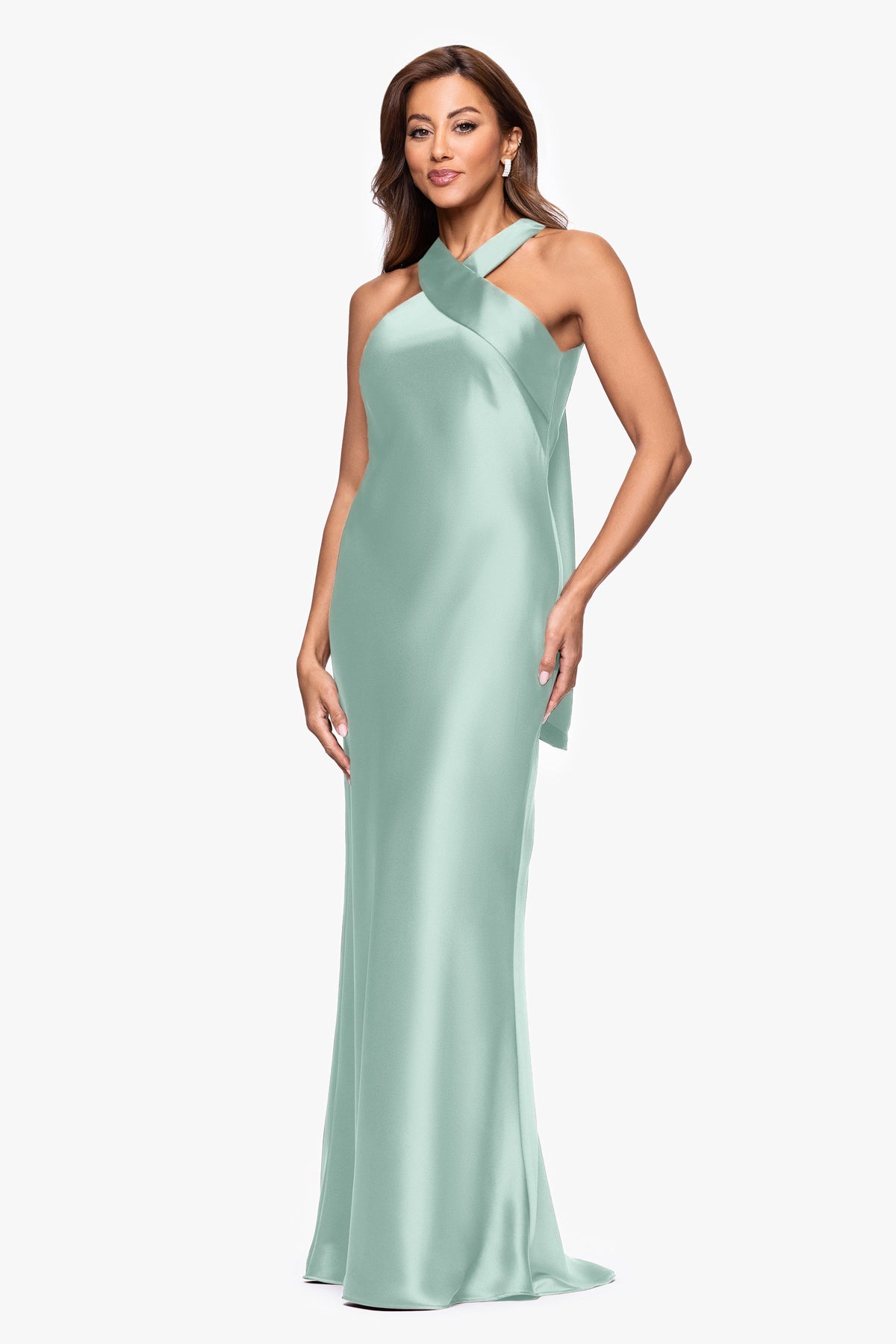 XSCAPE "Francesca" Satin Halter Tie Neck Dress