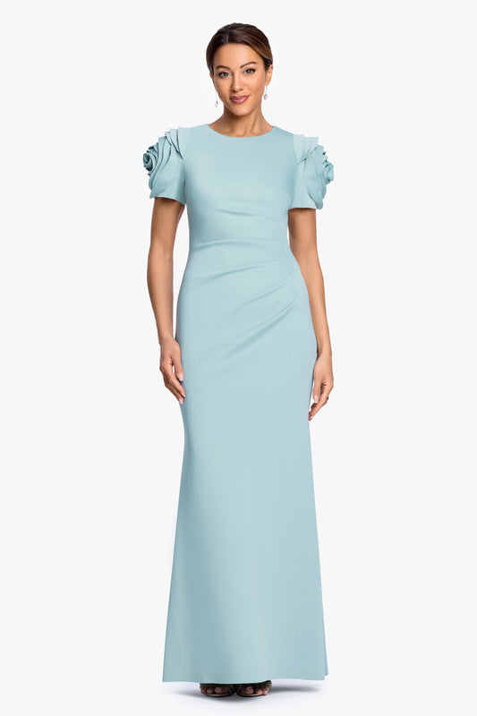 XSCAPE "Cami" Techno Scuba With Flower Shoulder Dress