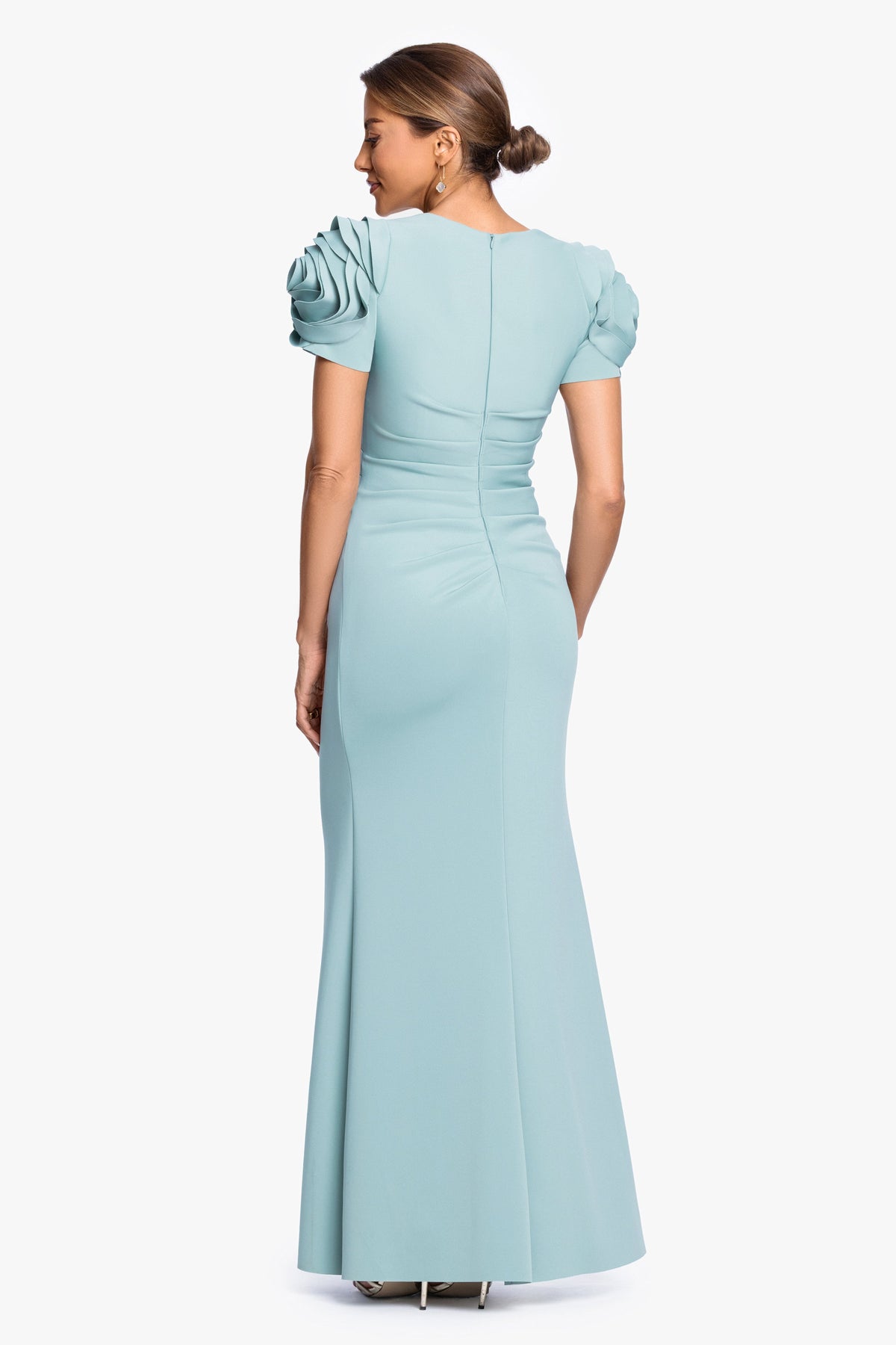 XSCAPE "Cami" Techno Scuba With Flower Shoulder Dress