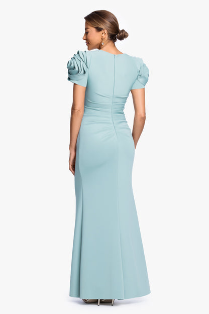 XSCAPE "Cami" Techno Scuba With Flower Shoulder Dress