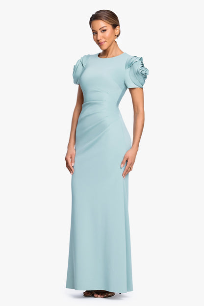 XSCAPE "Cami" Techno Scuba With Flower Shoulder Dress