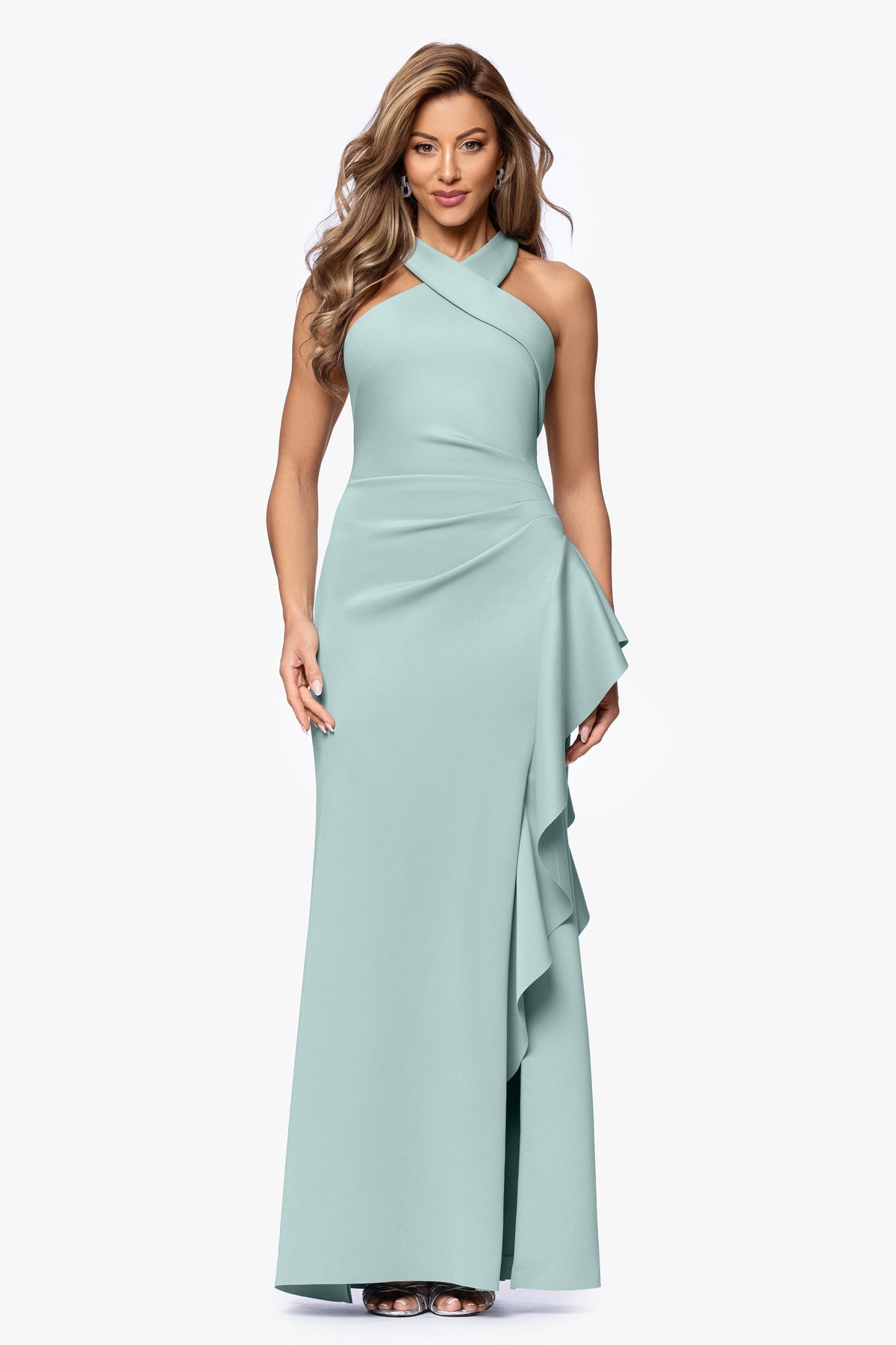 XSCAPE Petite "Gigi" Techno Scuba Cross Neck Dress