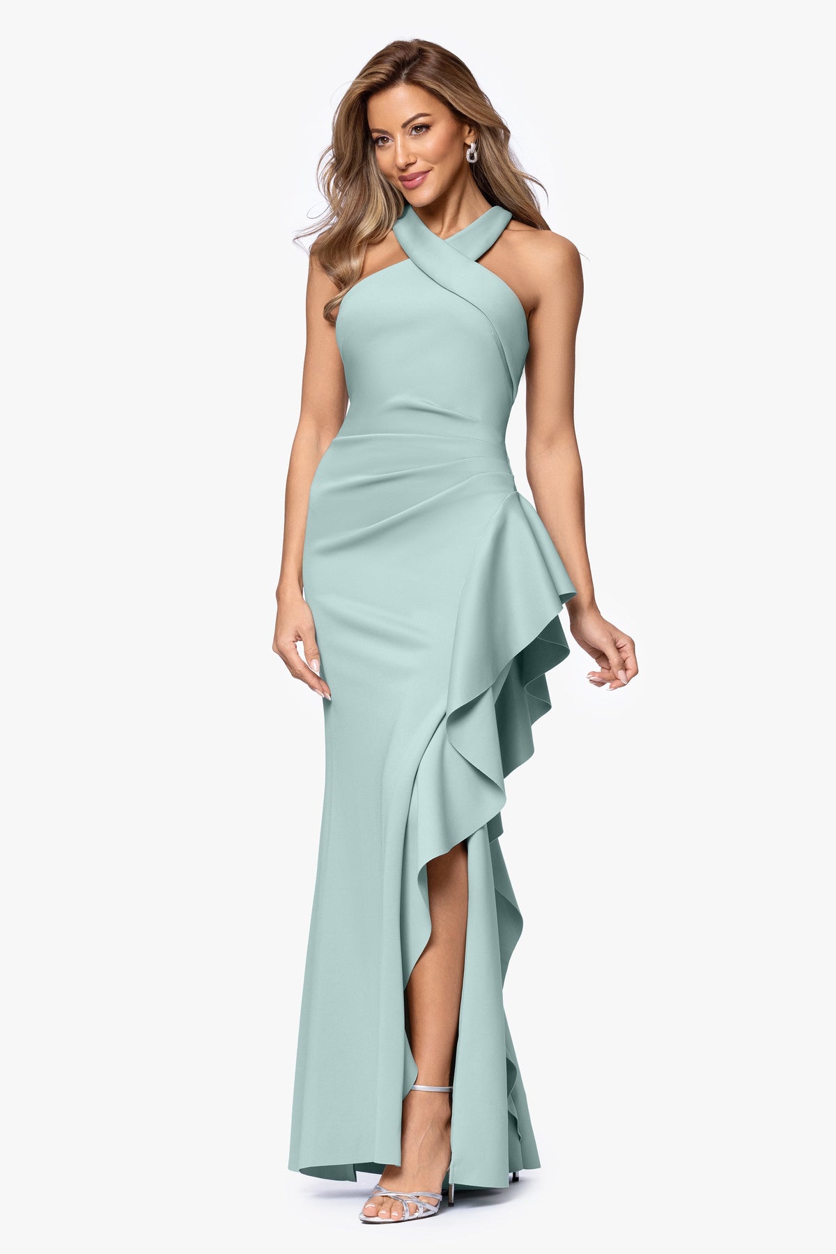 XSCAPE Petite "Gigi" Techno Scuba Cross Neck Dress