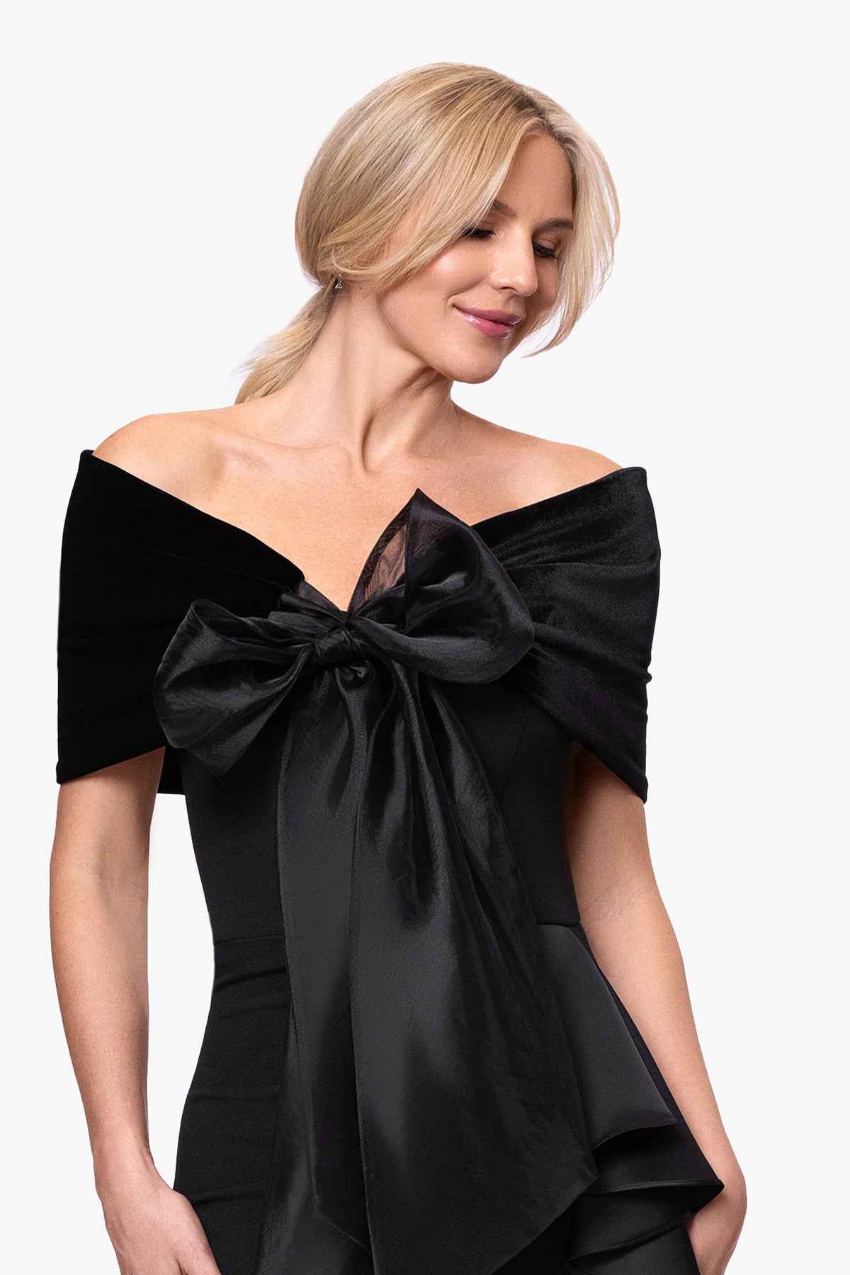 XSCAPE "Georgina" Velvet and Organza Bow Shawl Wrap