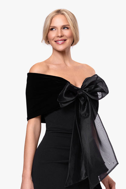 XSCAPE "Georgina" Velvet and Organza Bow Shawl Wrap