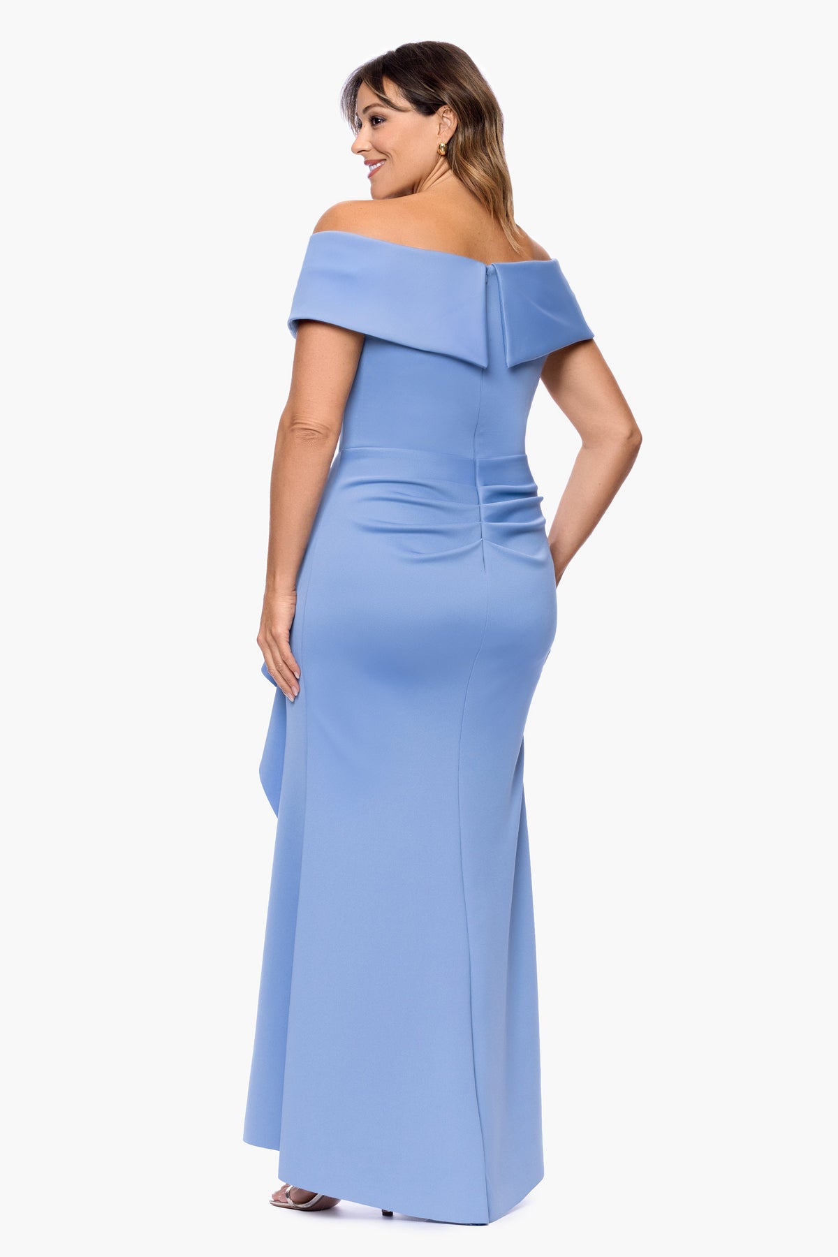 XSCAPE Plus "Patti" Techno Scuba Off The Shoulder Dress