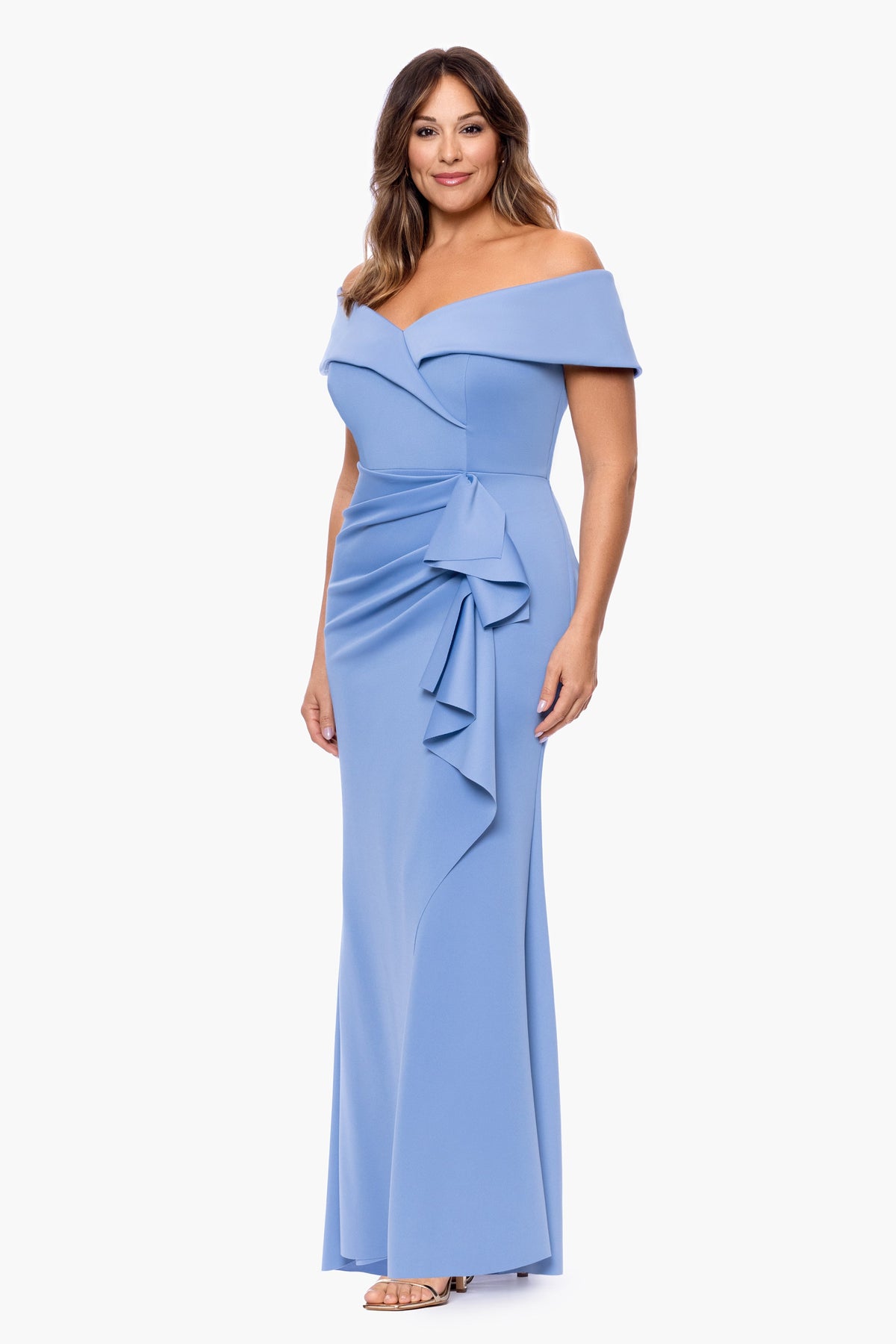 XSCAPE Plus "Patti" Techno Scuba Off The Shoulder Dress