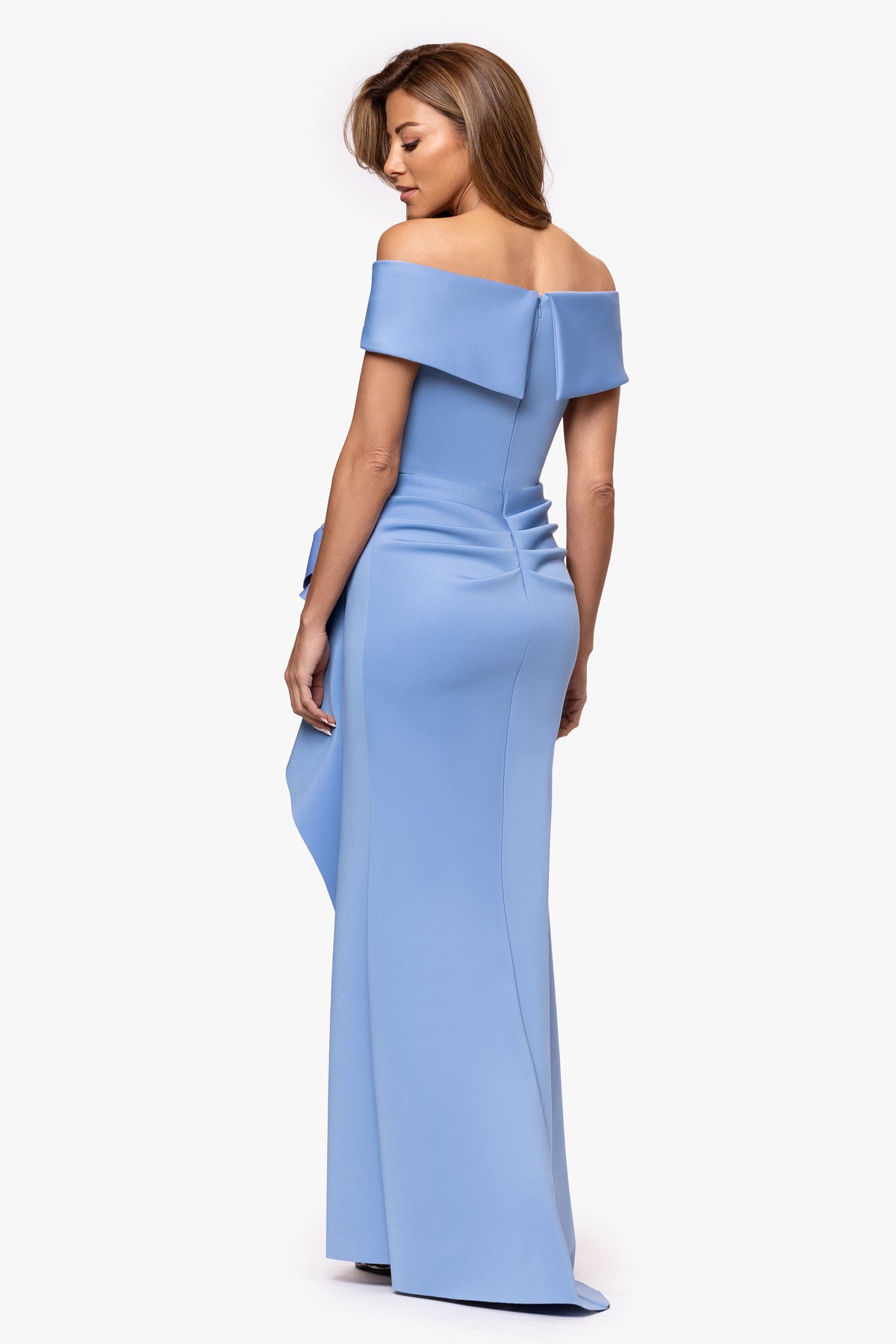 XSCAPE "Patti" Techno Scuba Off The Shoulder Dress
