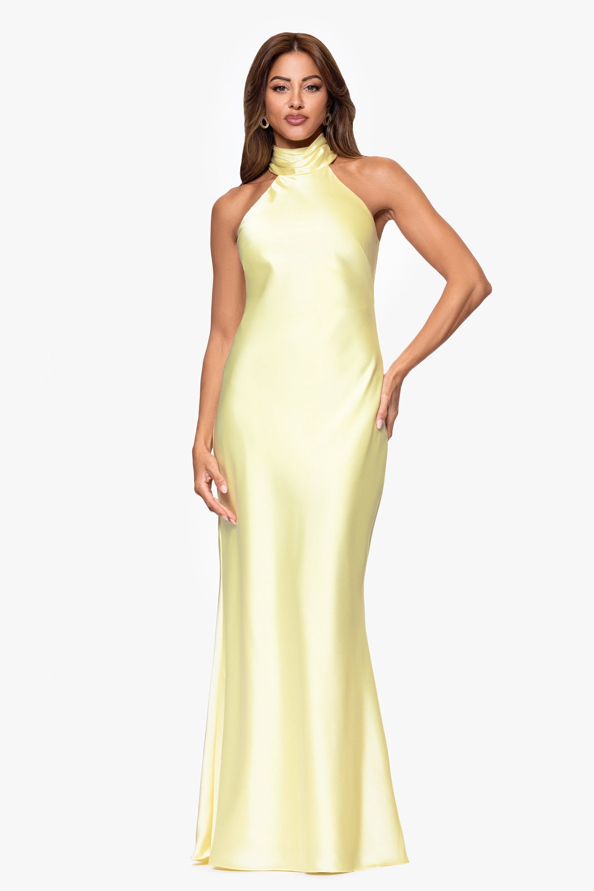 XSCAPE Petite "Ruth" Satin High Tie Neck Backless Dress