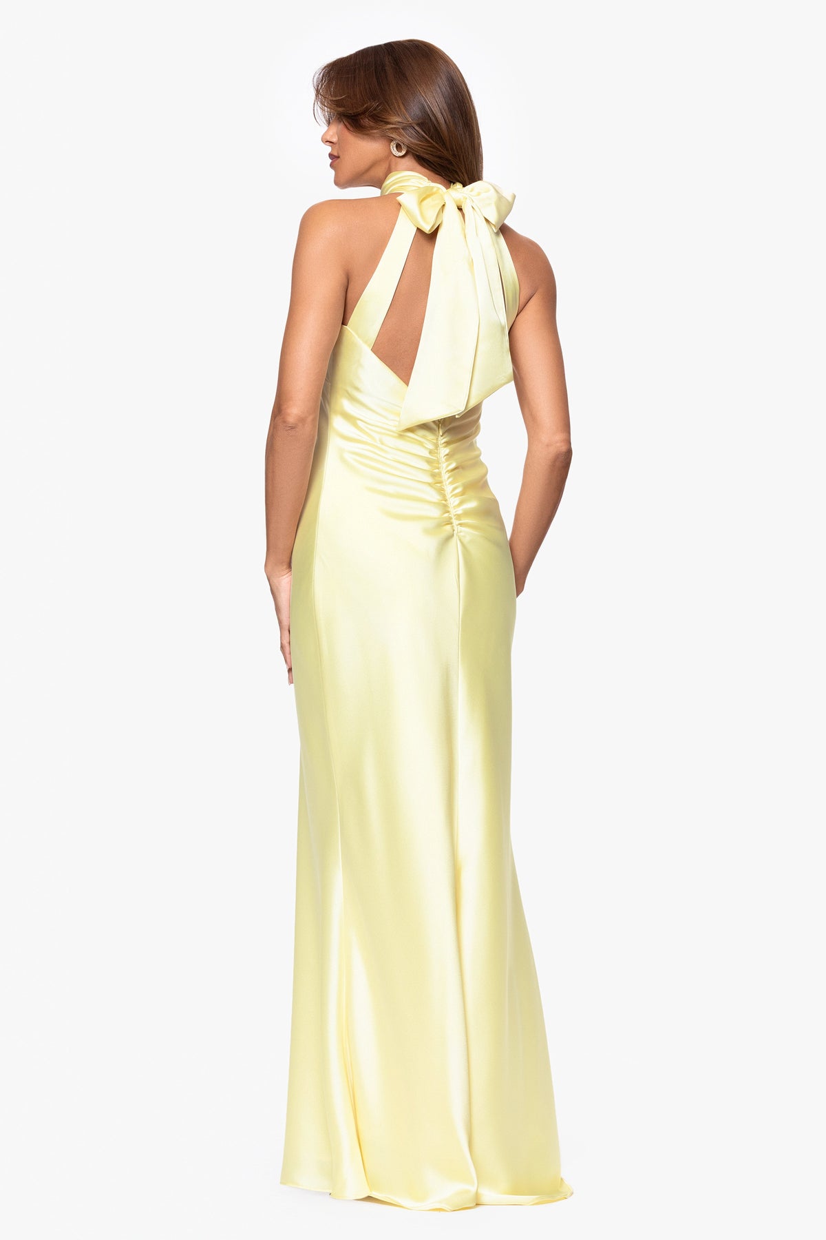 XSCAPE Petite "Ruth" Satin High Tie Neck Backless Dress