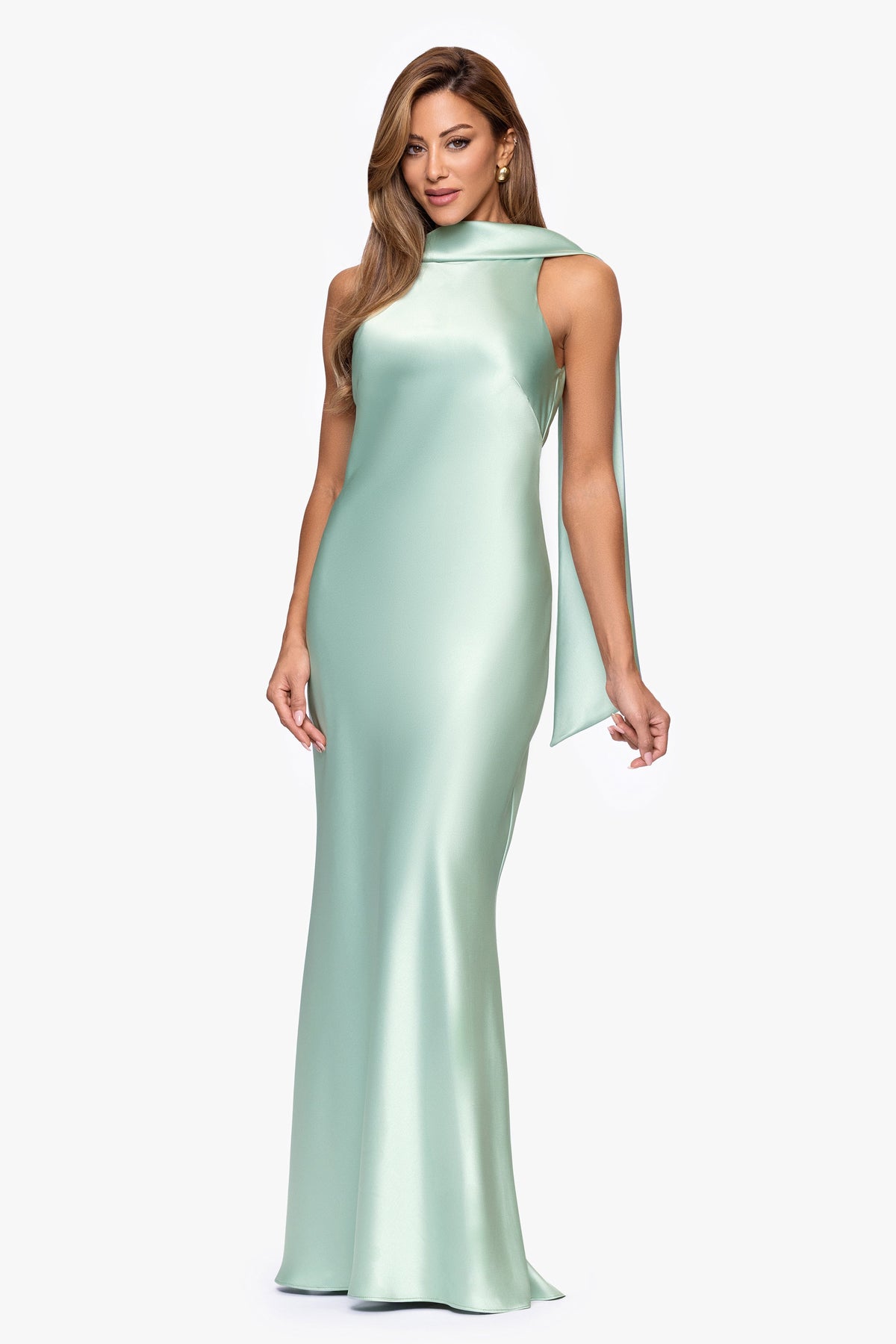 XSCAPE "Mackenzie" Satin Back Sash Dress