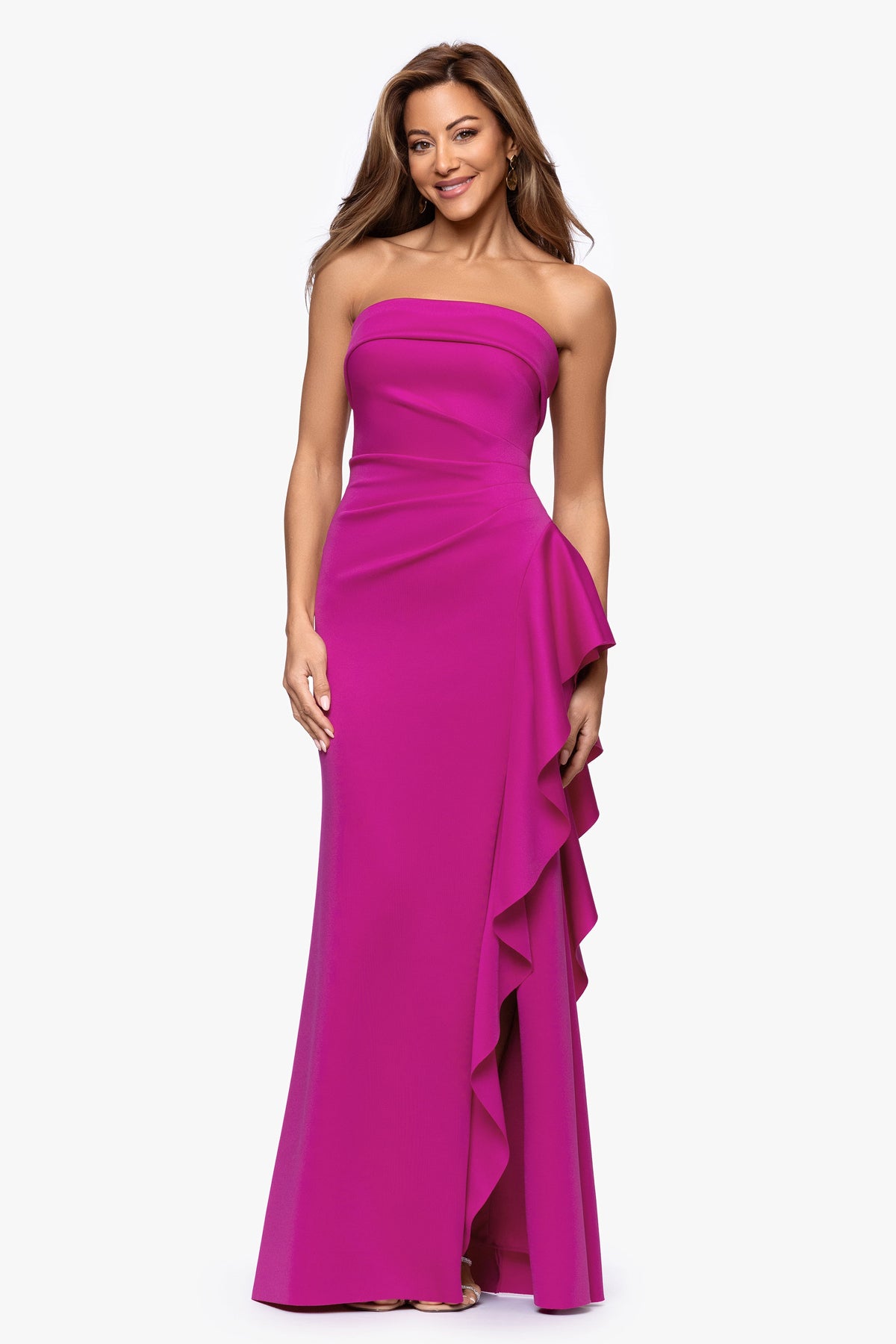 XSCAPE Petite "Jacqueline" Techno Scuba Strapless Ruffle Dress