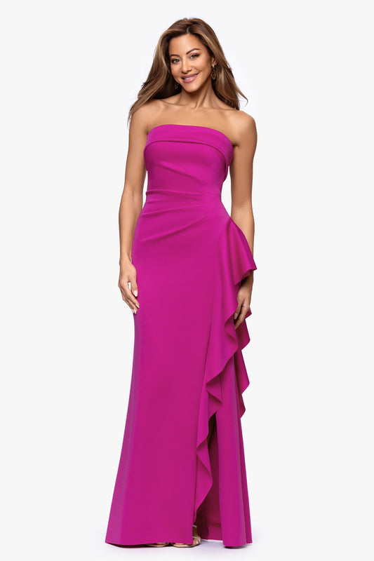 XSCAPE Petite "Jacqueline" Techno Scuba Strapless Ruffle Dress