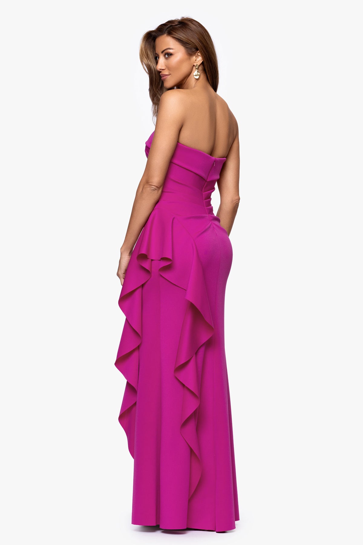 XSCAPE Petite "Jacqueline" Techno Scuba Strapless Ruffle Dress