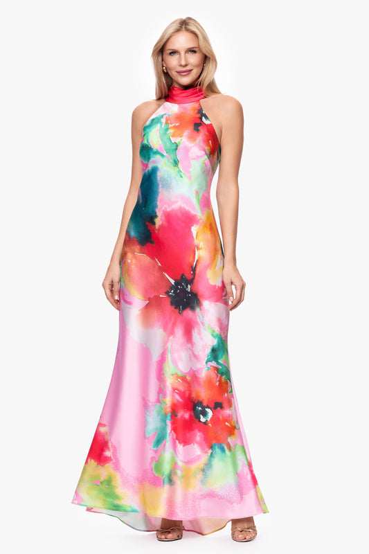 XSCAPE "Poppy" Printed Satin Halter Dress