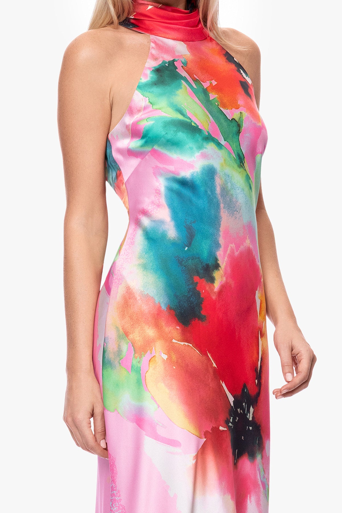 XSCAPE "Poppy" Printed Satin Halter Dress