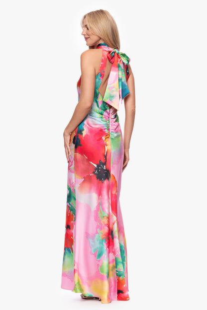 XSCAPE "Poppy" Printed Satin Halter Dress