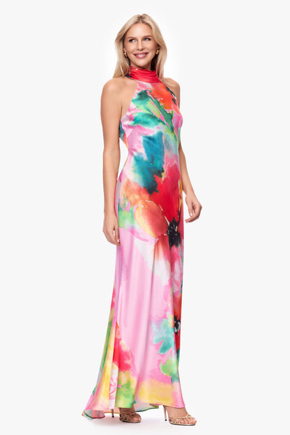 XSCAPE "Poppy" Printed Satin Halter Dress