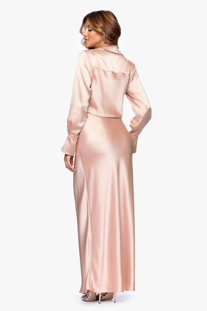 XSCAPE "Emery" Satin Long Sleeve Collared Dress