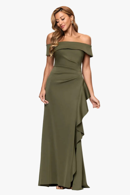 XSCAPE Petite "Dolly" Techno Scuba Off The Shoulder Ruffle Dress