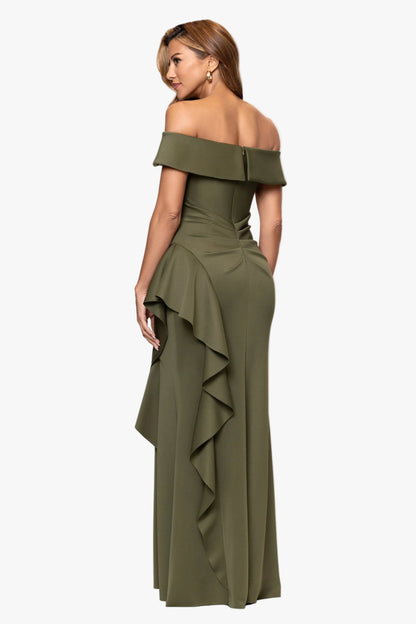 XSCAPE Petite "Dolly" Techno Scuba Off The Shoulder Ruffle Dress