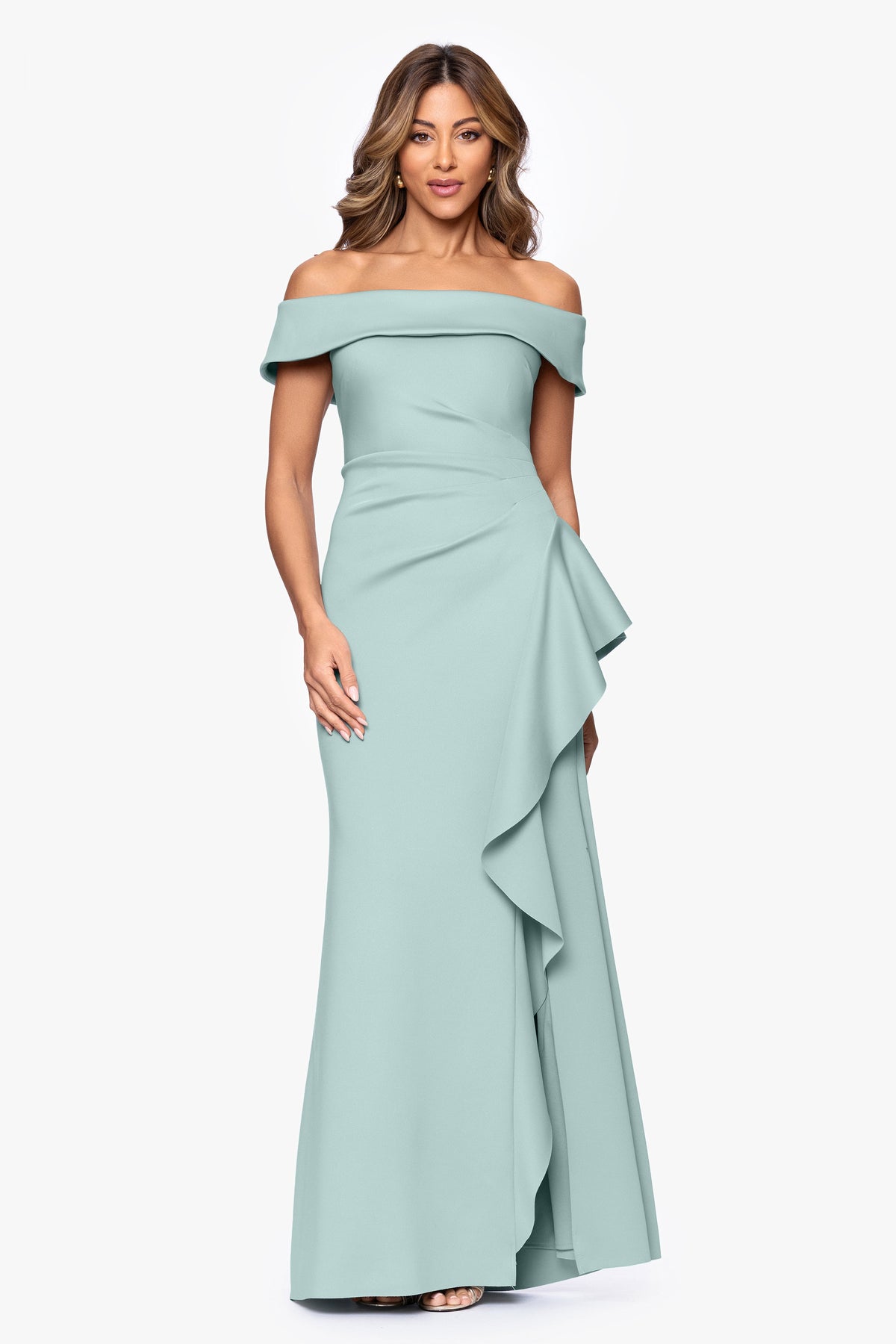 XSCAPE Petite "Dolly" Techno Scuba Off The Shoulder Ruffle Dress