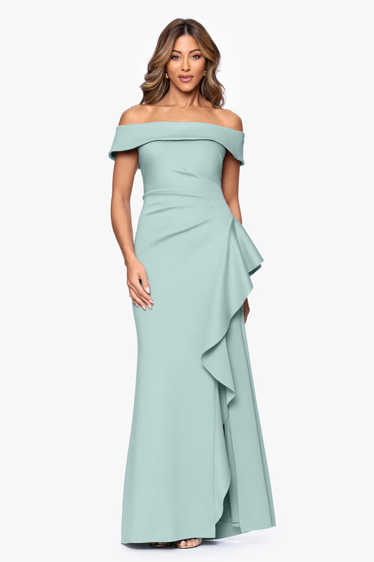 XSCAPE Petite "Dolly" Techno Scuba Off The Shoulder Ruffle Dress