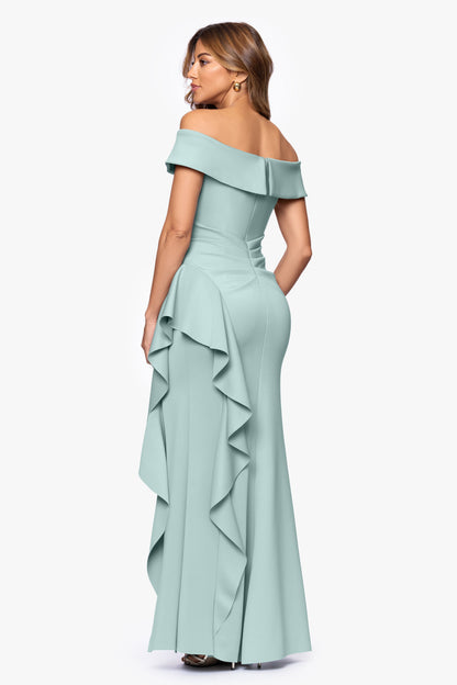XSCAPE Petite "Dolly" Techno Scuba Off The Shoulder Ruffle Dress