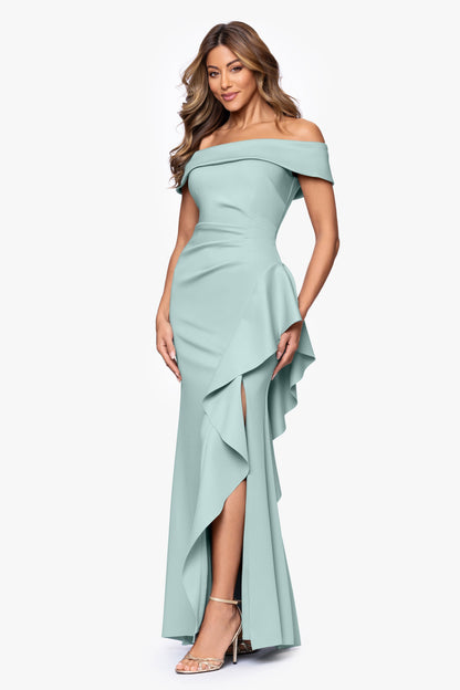 XSCAPE Petite "Dolly" Techno Scuba Off The Shoulder Ruffle Dress