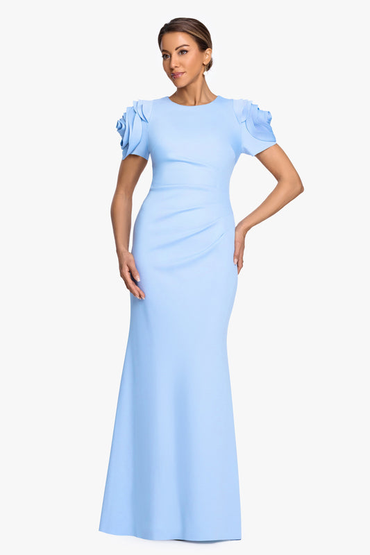 XSCAPE "Cami" Techno Scuba With Flower Shoulder Dress
