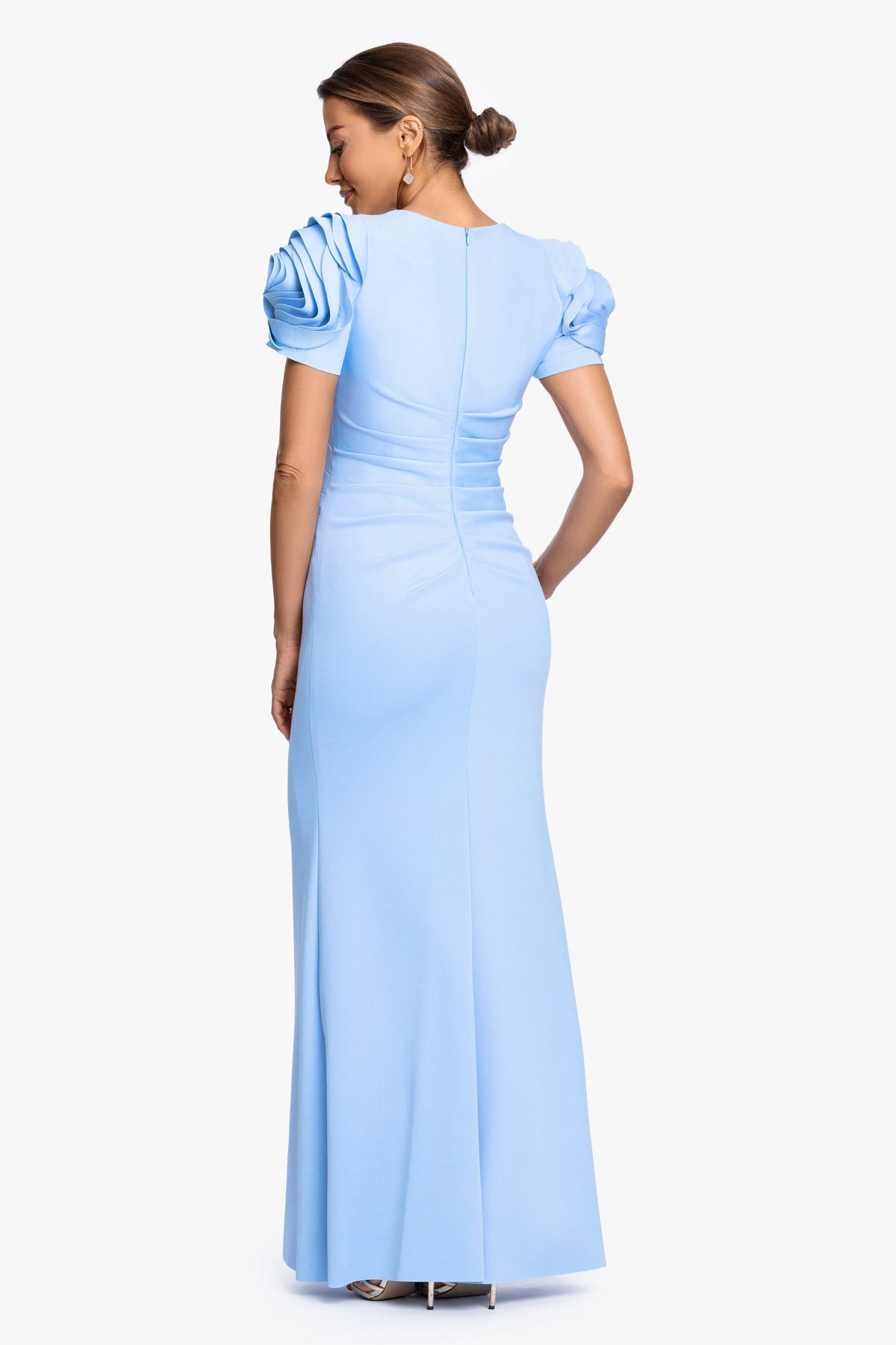 XSCAPE "Cami" Techno Scuba With Flower Shoulder Dress
