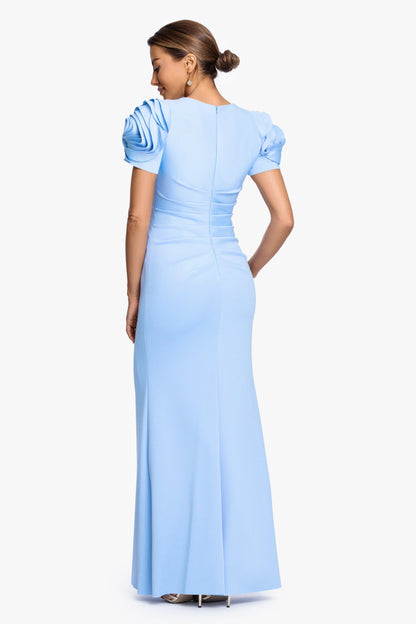 XSCAPE "Cami" Techno Scuba With Flower Shoulder Dress