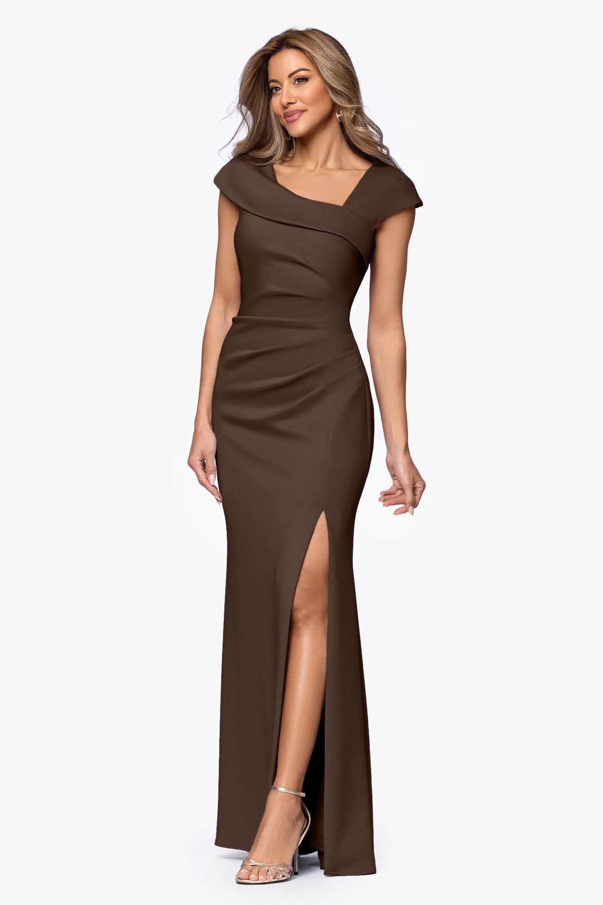 XSCAPE Petite "Lenore" Techno Scuba Asymmetrical Neckline Dress