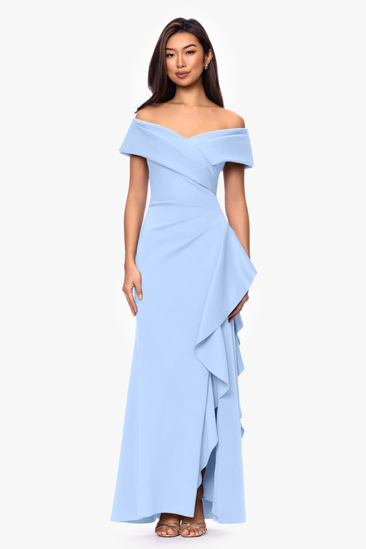 XSCAPE Petite "Pearl" Techno Scuba Off the Shoulder Ruffle Dress