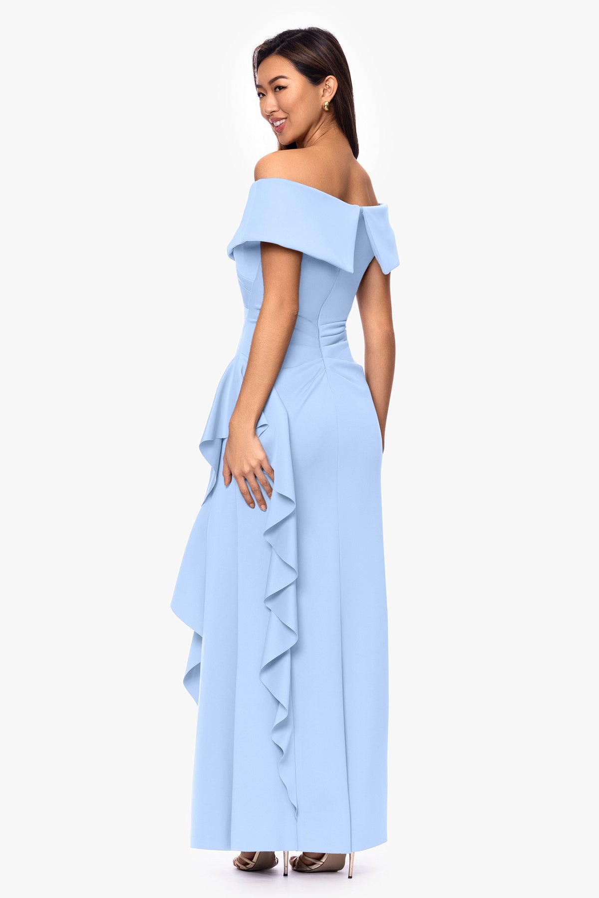 XSCAPE Petite "Pearl" Techno Scuba Off the Shoulder Ruffle Dress