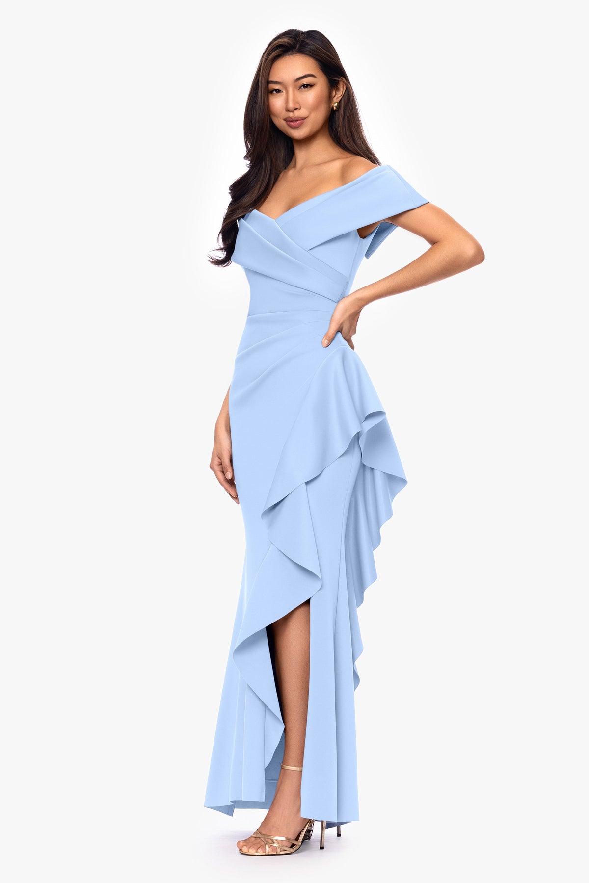 XSCAPE Petite "Pearl" Techno Scuba Off the Shoulder Ruffle Dress
