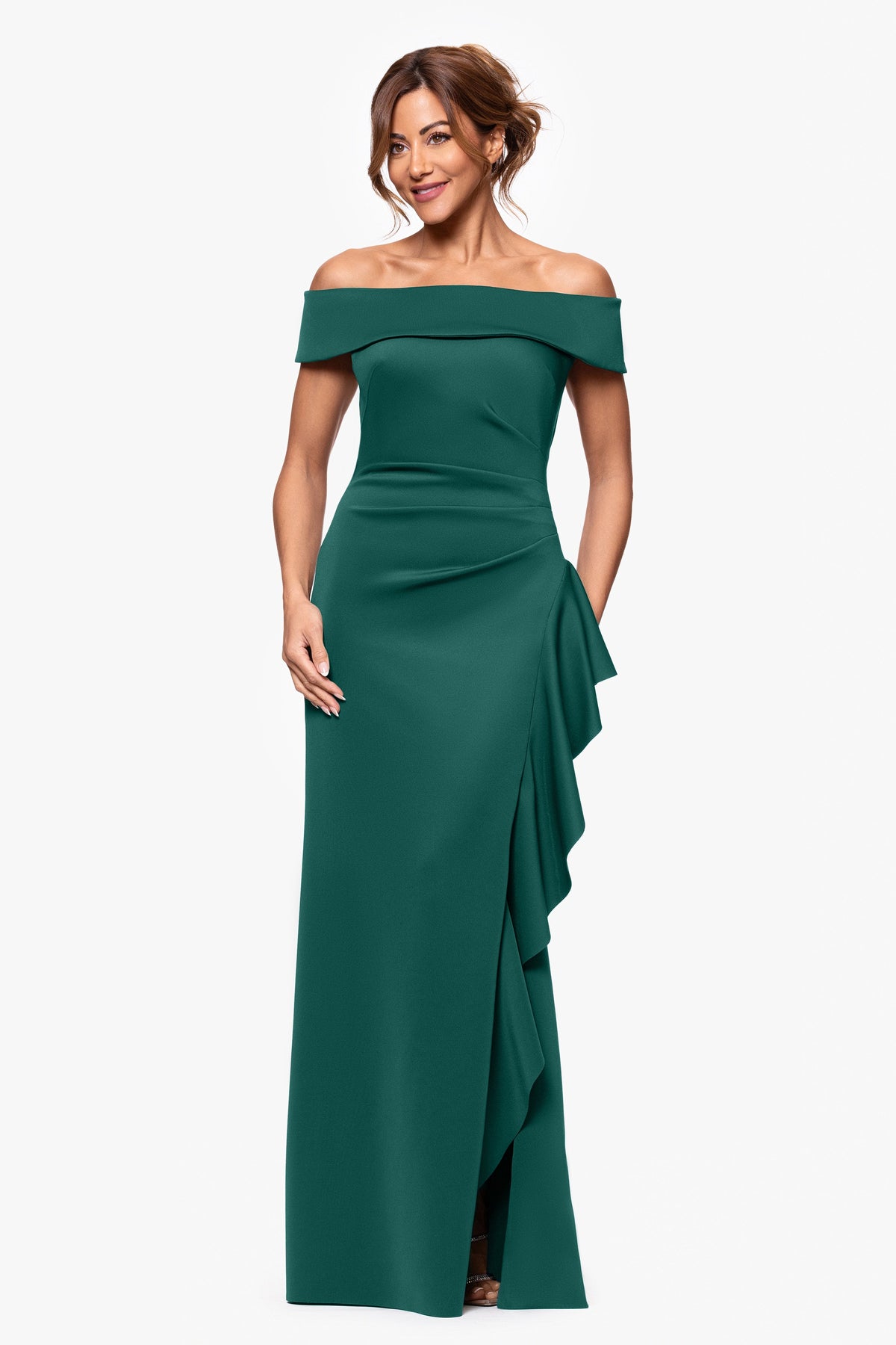 XSCAPE Petite "Dolly" Techno Scuba Off The Shoulder Ruffle Dress