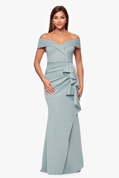 XSCAPE "Patti" Techno Scuba Off The Shoulder Dress