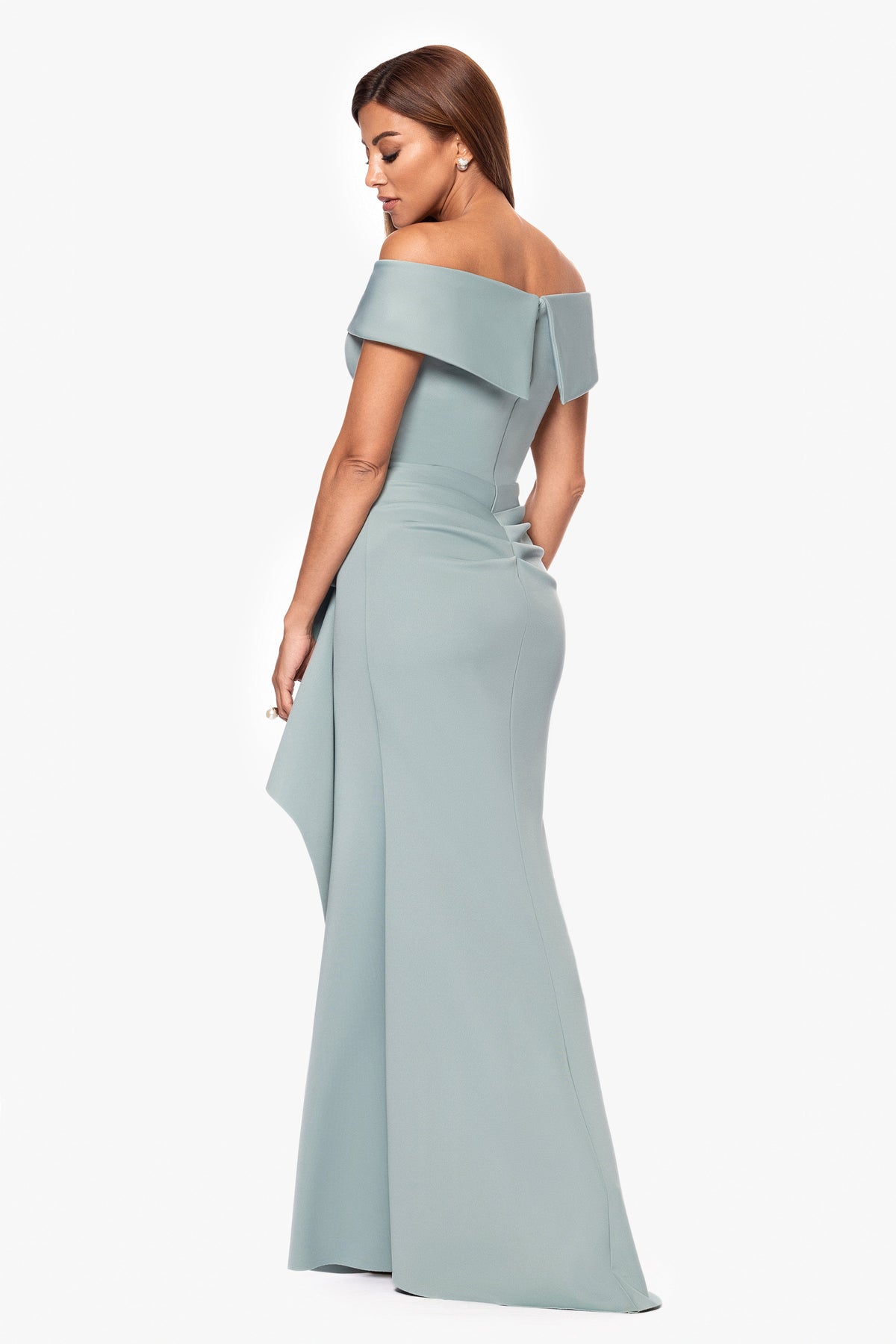 XSCAPE "Patti" Techno Scuba Off The Shoulder Dress