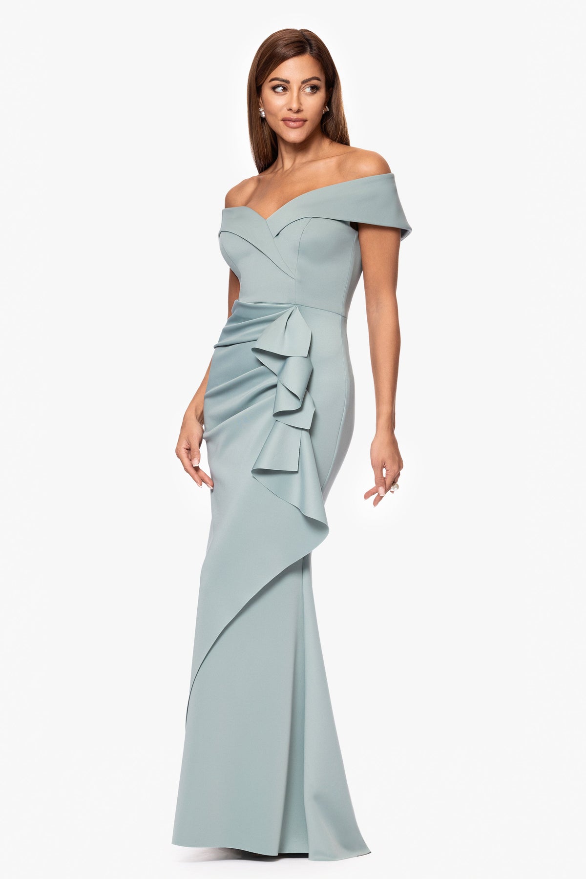 XSCAPE "Patti" Techno Scuba Off The Shoulder Dress