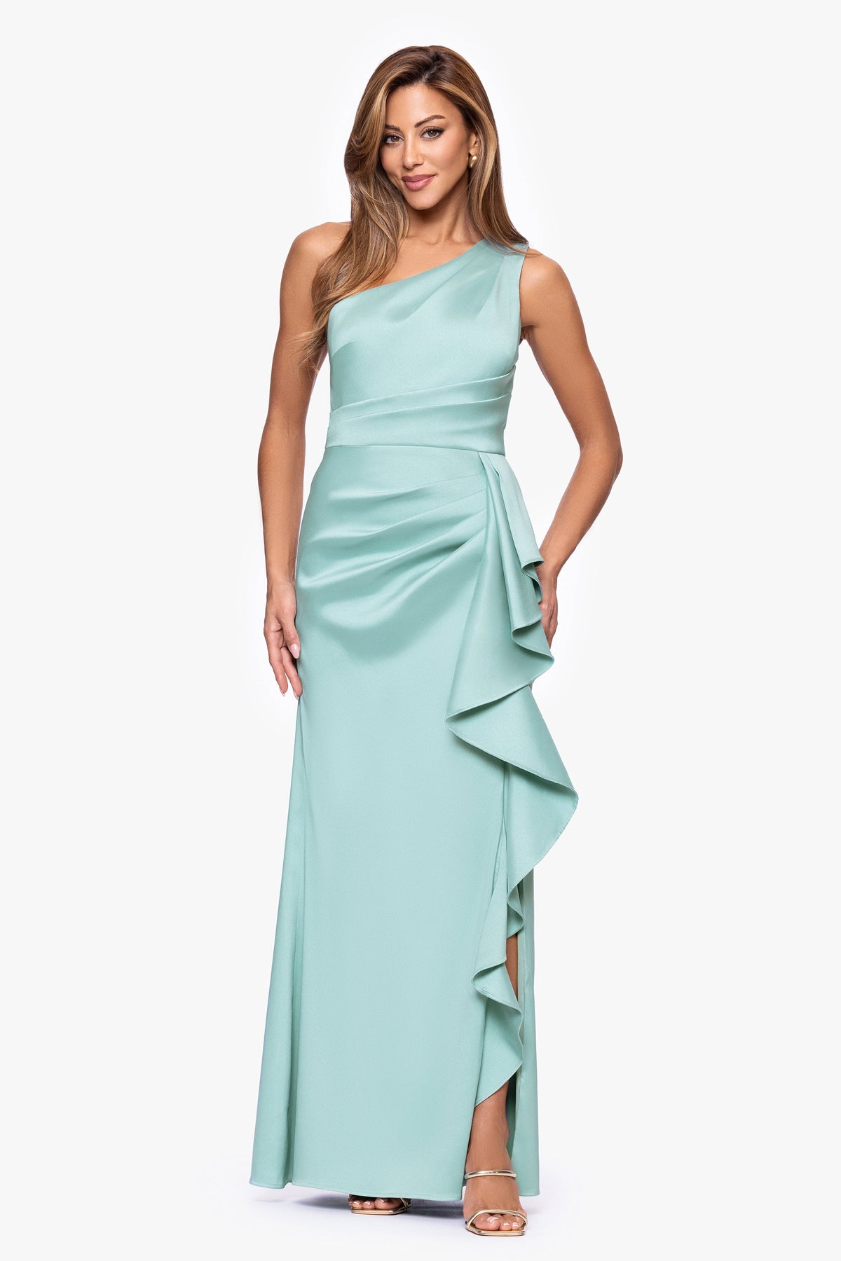 XSCAPE Petite "Nikki" Mikado One Shoulder Ruffle Dress